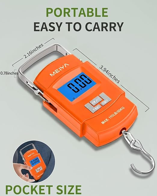 MEIYA Fish Scale 110lb/50kg Digital Fishing Scale with Backlit LCD, Portable Handle, Stainless Steel Hook & 2 AAA Batteries – Great Fishing Gifts for Men, Orange