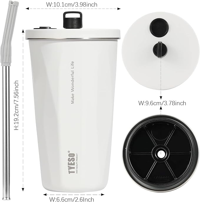TYESO Stainless Steel Tumbler with straw inside Stainless steel wide-mouth vacuum insulation home office outdoor multi-color thermal insulation and cold insulation cover with 20oz (White, 20 oz)