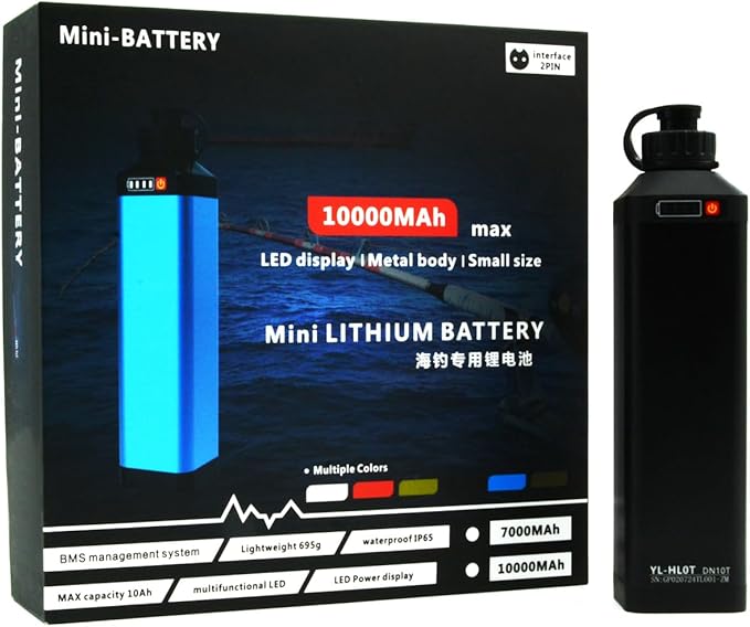 Super Mini 14.8V 10000 mAh Electric Reel Battery. Aluminum Alloy Rustproof Case. Compatible with Daiwa & Shimano Electric Fishing rReels. High Performance and Reliable Power Supply