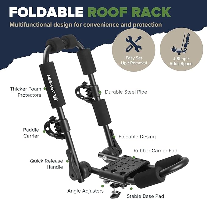 ARKSEN 2 Pair Universal Folding Kayak Roof Rack with 4 Lashing Strap, 4 Stern Tie Down Straps, 4 Anchor Straps, Heavy-Duty Adjustable J-Bar Kayak Carrier for Car, SUV, and Truck