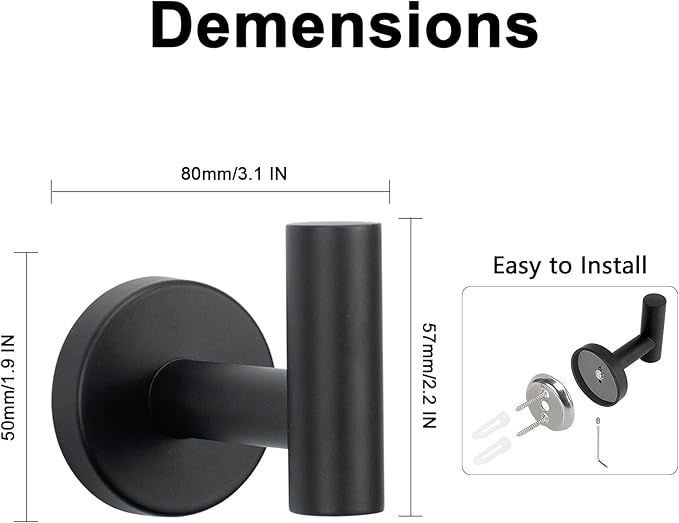 NearMoon Bath Towel Hooks- SUS 304 Stainless Steel Robe Hook Holder, Heavy Duty Coat Hook for Bathroom Livingroom Hotel Kitchen Garage, Wall Mounted (Matte Black, 4 Pack)