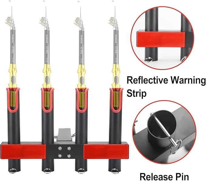 Hitch Fishing Rod Holder for Truck, 4/6-Tube Stainless Steel Rod Rack Fits 2 " Hitch Receiver, with Quick Release Pin, Reflective Safety Strips