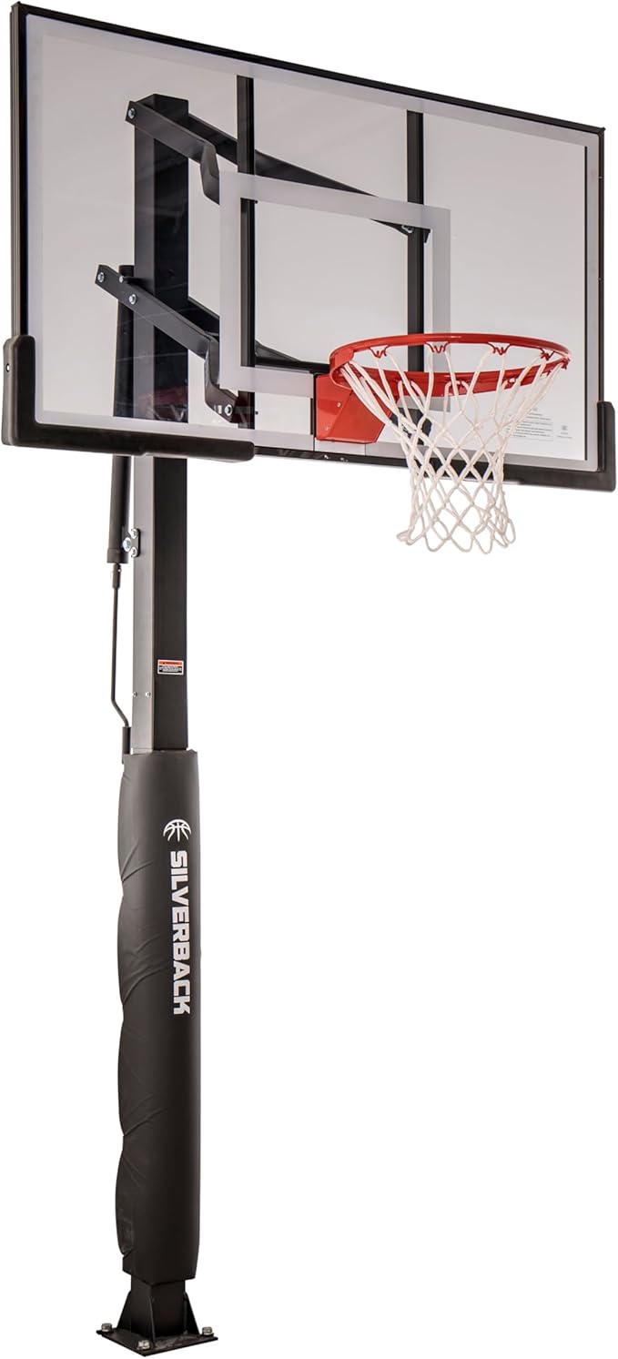 Silverback Height Adjustable In-Ground Basketball Hoop with Tempered Glass Backboard, Pro-Style Breakaway Rim & Backboard Pad