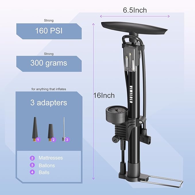 Bike Floor Pump, Bicycle Pump with Dual Presta & Schrader Valve Head, High Pressure Bicycle Tire Inflator, Portable Hand Air Pump for Road & Mountain Bikes, Strollers and Balls