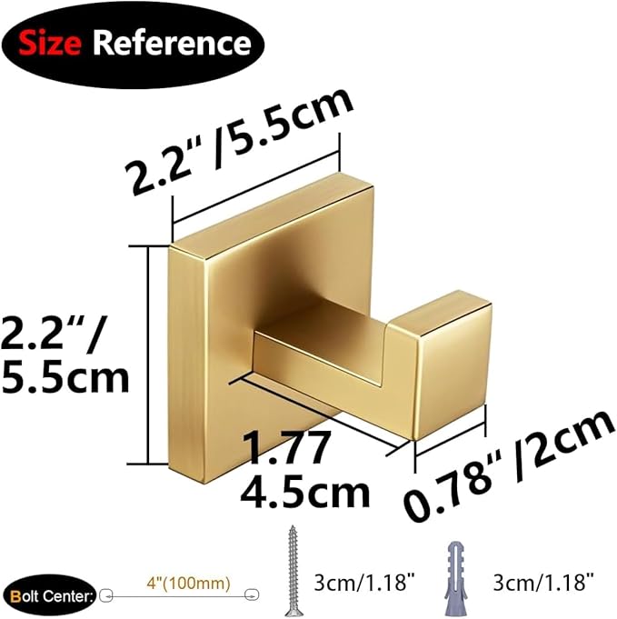 Nolimas Towel Hook Stainless Steel Bathroom Rustproof Clothes Towel Coat Hook Wall Mounted Square Toilet Kitchen, Heavy Duty Door Hanger, 1 Pack, Brushed Gold