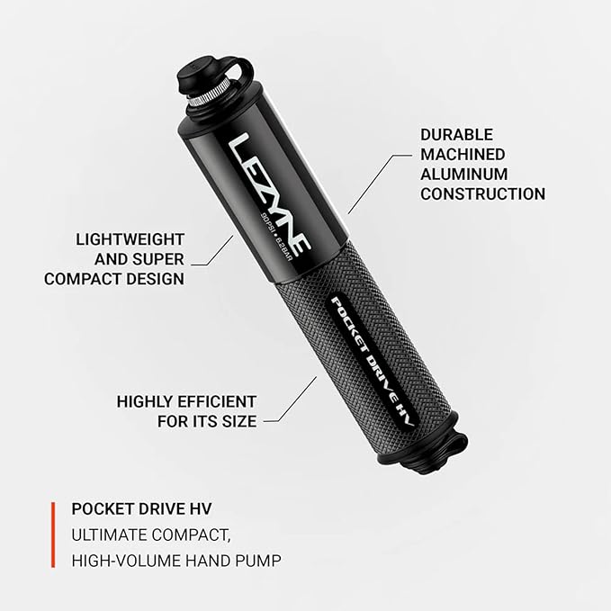 LEZYNE Pocket Drive HV Compact Bike Hand Pump, Pump-Only & Loaded Kit Options | 90 PSI High Volume Portable Bicycle Pump for Plus-Size Tires, CNC Aluminum, ABS Flex Hose, Presta & Schrader Compatible