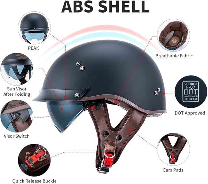 VCOROS Half Helmet Motorcycle DOT Approved Open Face Helmet with Sun Visor and Quick Release Buckle for Adults Men and Women (F07 Matte Black, M)
