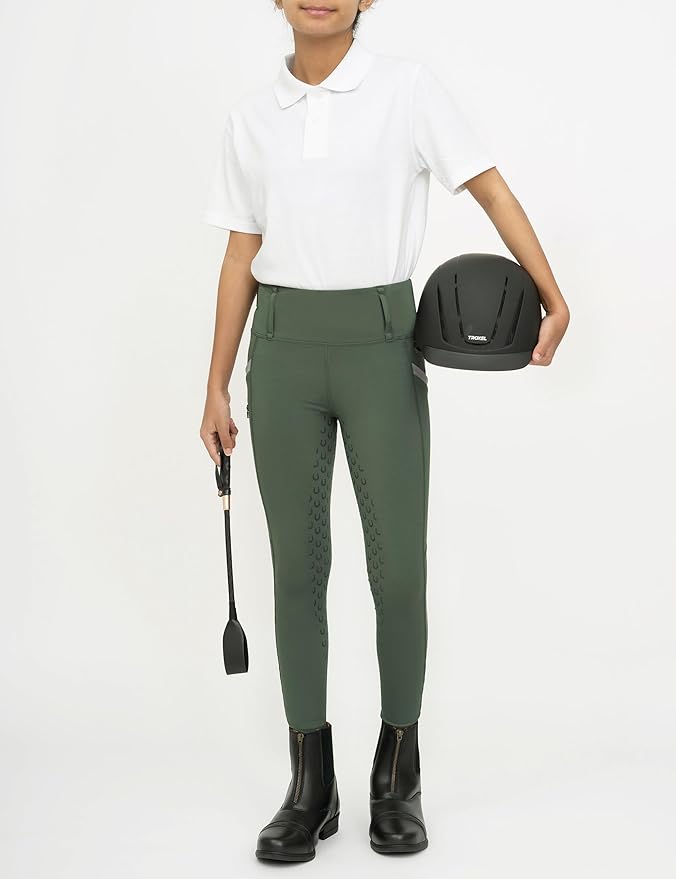FitsT4 Sports Girls Riding Pants Full Seat High Waist Kids Equestrian Breeches Horse Schooling Tights Zipper Pockets