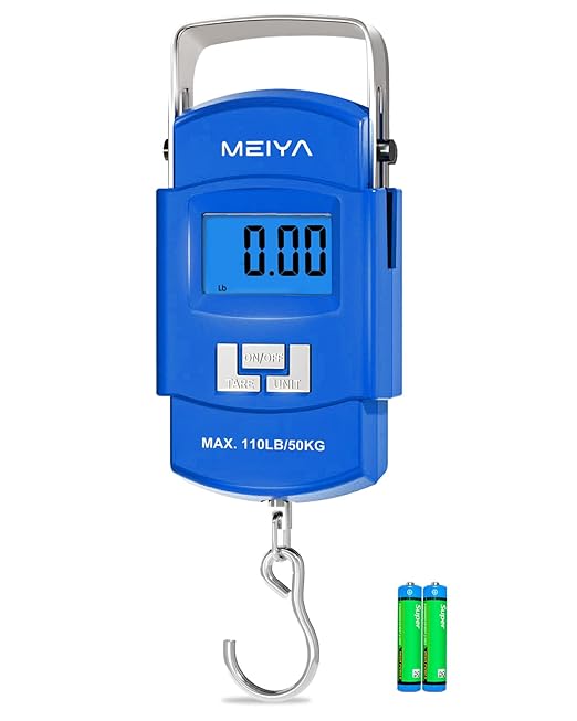MEIYA フィッシュスケール 110ポンド ポータブル荷物スケール 旅行用デジタル吊り下げスケール フック付き 男性向け釣りギフト スーツケース＆魚用計量ツール 単4電池2本付属 バックライト付きLCDディスプレイ (ブルー)