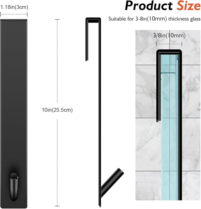 Shower Door Hooks(10 Inch),Extended Over Door Hooks for Bathroom Frameless Glass Shower Door,Stainless Steel Towel Hooks,Heavy Duty Rack Hooks for Robe,Towel-2 Pack-Black