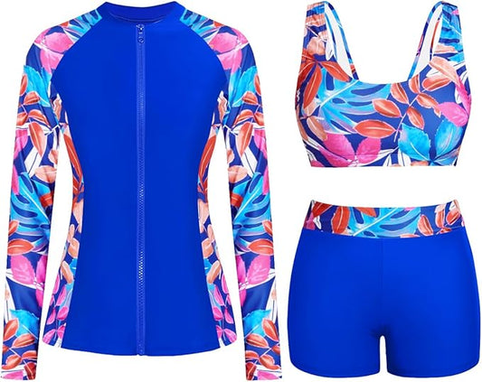 Holipick Long Sleeve Swimsuits for Women - 3 Piece Rash Guard with Shorts Zipper SPF Swim Shirt with Built in Bra