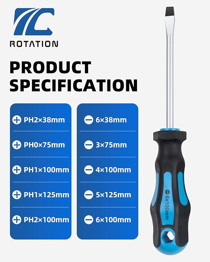 ROTATION 11-Piece Magnetic Screwdriver Set, 5 Phillips & 5 Slotted Tips, Include Magnetizer, Screwdriver with Professional Non-Slip Grip, for Home Repair and DIY Projects