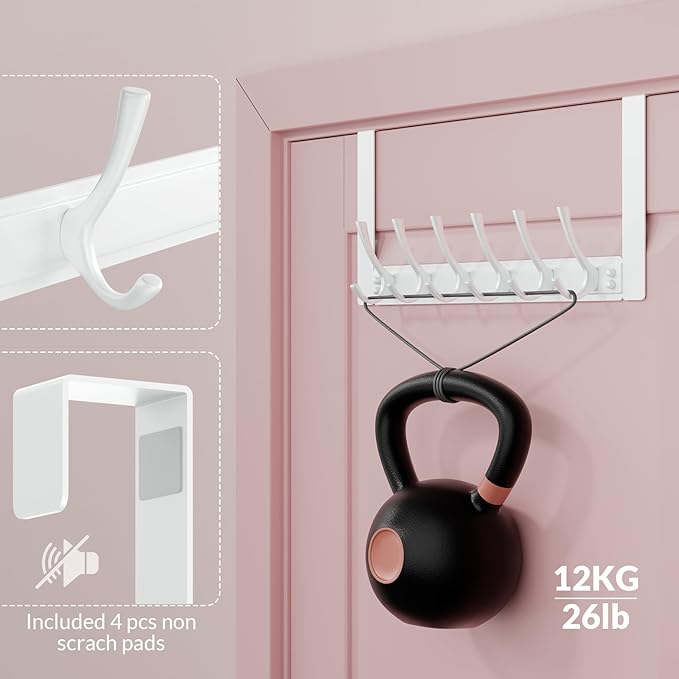 BAKON 2 Packs Over The Door Hooks with 6 Hook, Heavy Duty Over Door Hanger for Hanging Clothes Coat Hat Jacket, Door Coat Rack for Bathroom Closet Laundry Bedroom Kitchen Living Room Home Organizer