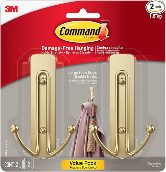 Command Large Satin Brass Double Hooks, 2 Hooks and 2 Strips, Damage-Free Wall Hook with Adhesive Strips, No Tools Coat Hook for Hanging Home Decor, Holds up to 4 lb