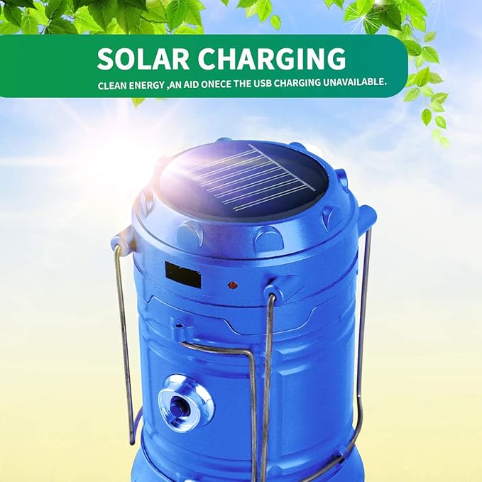LED Camping Lantern, Solar and Rechargeable Lantern Flashlight Collapsible and Portable Light for Daily/Camp/Hiking/Night Fishing/Emergency/Hurricanes/Storm(Blue, 1 Pack)