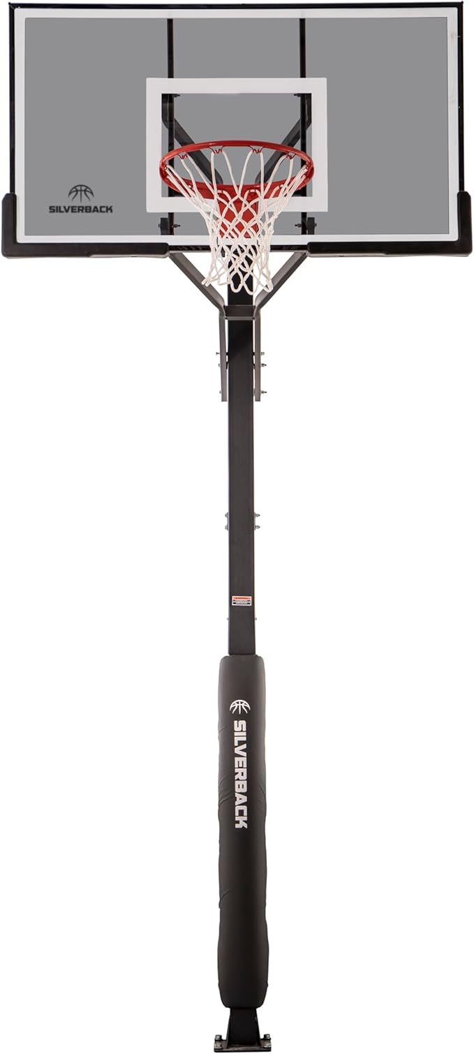 Silverback Height Adjustable In-Ground Basketball Hoop with Tempered Glass Backboard, Pro-Style Breakaway Rim & Backboard Pad