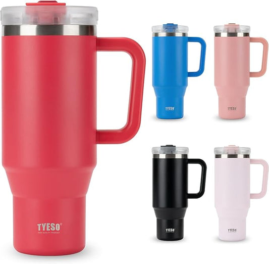TYESO Vacuum Insulated Tumbler Water Bottle Cold Insulation Stainless Steel Bottle Straw Handle Mug Double Wall Wide Mouth (ROSE RED, 40 oz)