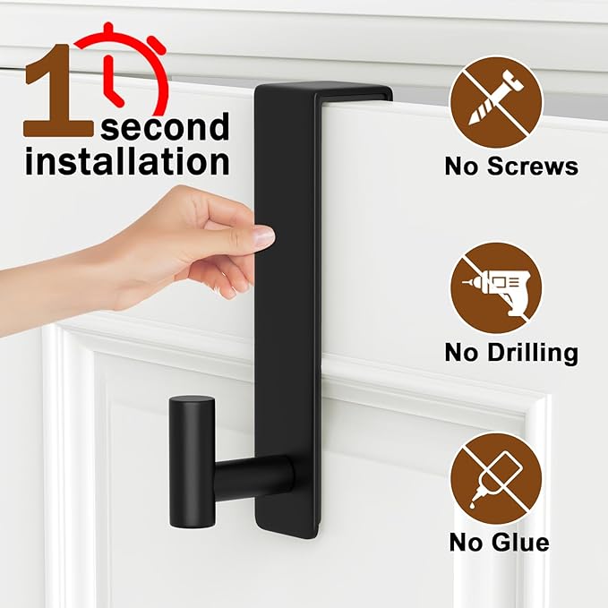 Heavy Duty Stainless Steel Over-Door Hook for Coats, Totes, Towels – Easy Install Door Hooks with Non-Slip Pads for Bedroom Bathroom Entryway Office (Black, 2 Pack, Fits 1-3/4" Thick Door)