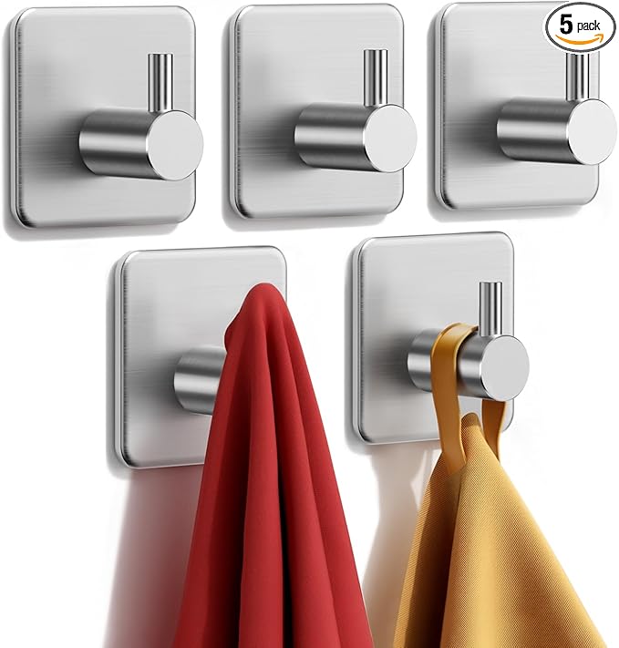 Auxmir Adhesive Hooks Heavy Duty 22lb(Max) Towel Hooks for Shower, 5 Pack Self Adhesive Damage Free Wall Hooks, Stainless Steel for Coat Robe, Waterproof Oilproof Rustproof for Bathroom Kitchen Office