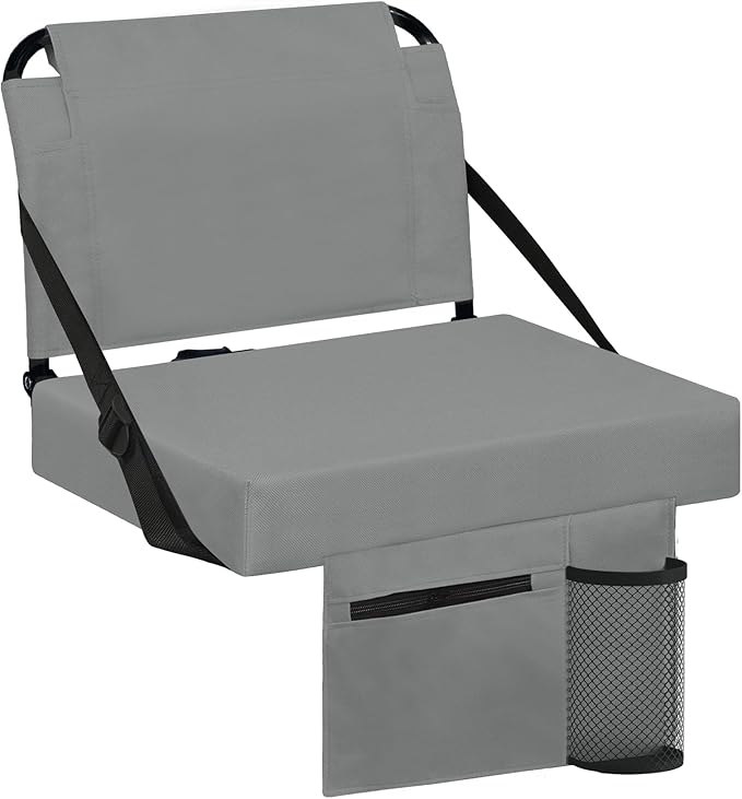 Stadium Seats for Bleachers with Back Support Bleacher Seat Soft Cushion Light Weight Includes Shoulder Strap & Cup Holder, Front & Back Zipper Pocket, Suitable for Sports Events,Grey