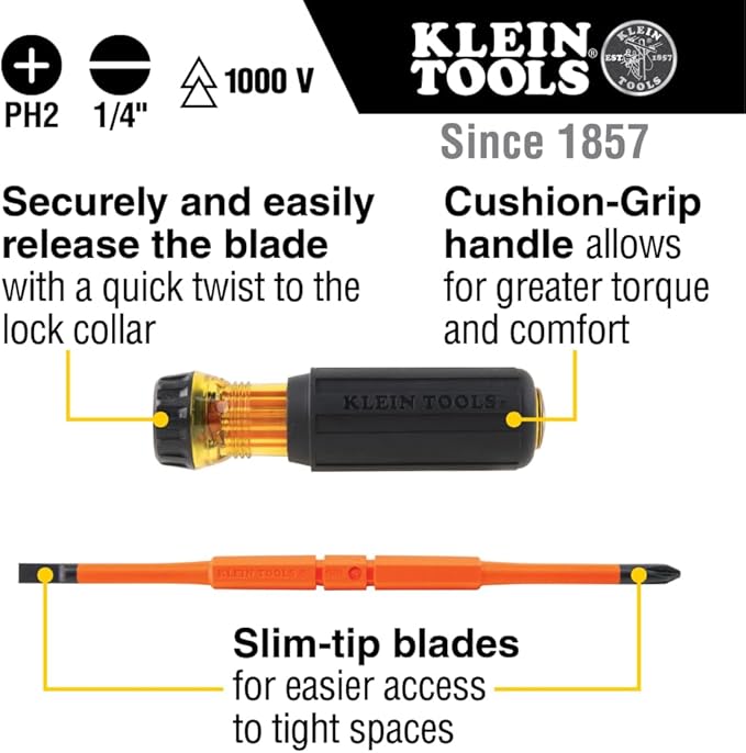 Klein Tools 32293 Insulated Screwdriver, 2-in-1 Screwdriver Set with Flip Blade, #2 Phillips and1/4-Inch Slotted Tips, Double-Ended Blades