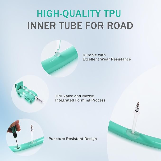 Heavy TPU 700x28C (Fits 23–32C) Road Bike Inner Tube, Thicker Puncture-Resistant, Presta Pressure Indicator Valve, 2 Tire Levers