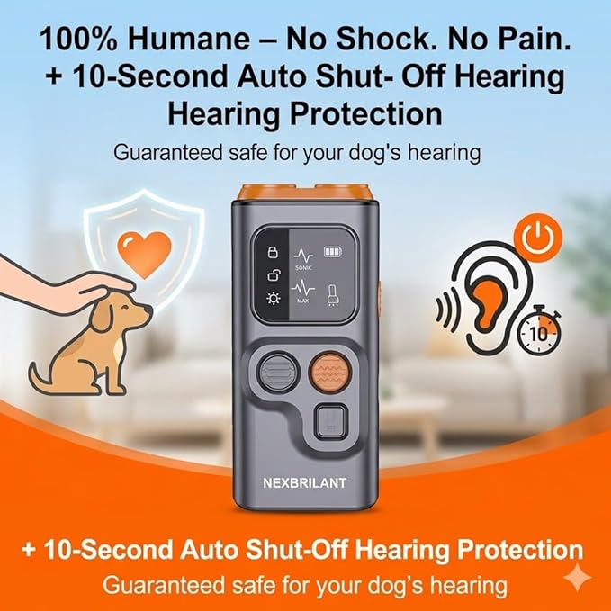 Ultrasonic Dog Bark Deterrent –3-in-1 Humane Training Tool with Whistle & Clicker, 50FT Remote Range, Type-C Fast Charging,Shut-Off Hearing Protection, LED Flashlight for Small Medium Large Dogs