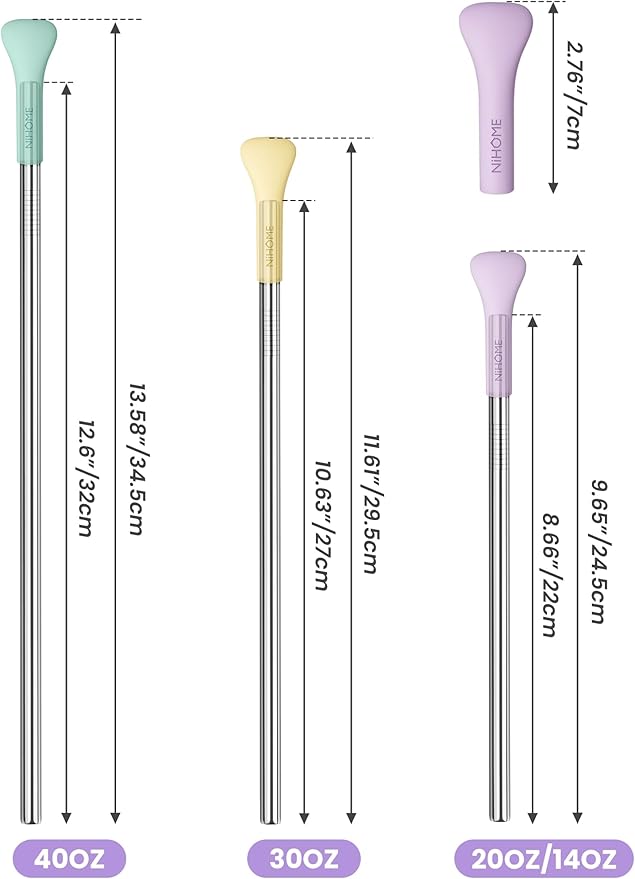 NiHome 6PCS Anti Wrinkle Straws with Silicone Widen Flat Tip Drinking Metal Straw, Fit for Stanley 20/30/40 oz Tumbler, Reusable Wrinkle Free Stainless Steel Long Straw, Brushes & Carry Bag (Macaron)
