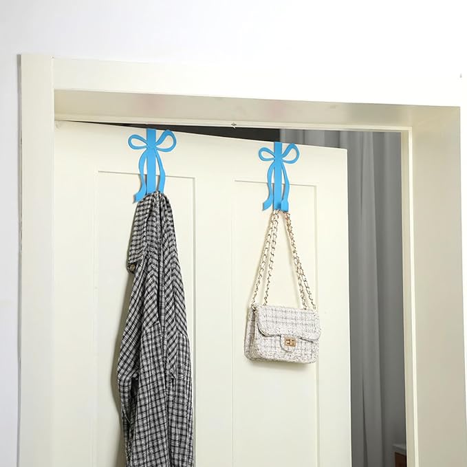 Chunful 2 Pack Bow Over The Door Hook, Metal Strong Door Hanger Hook Coquette Room Decor Bow Accessories for Cabinet Living Room Bathroom Bedroom Kitchen Hanging Clothes Towels Hats Coats Bags(Blue)