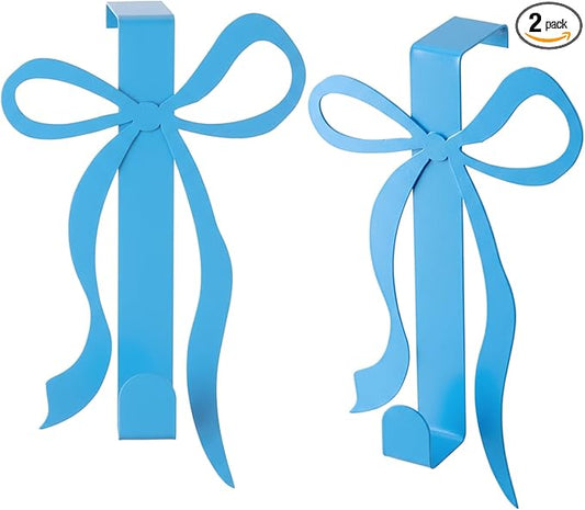Chunful 2 Pack Bow Over The Door Hook, Metal Strong Door Hanger Hook Coquette Room Decor Bow Accessories for Cabinet Living Room Bathroom Bedroom Kitchen Hanging Clothes Towels Hats Coats Bags(Blue)