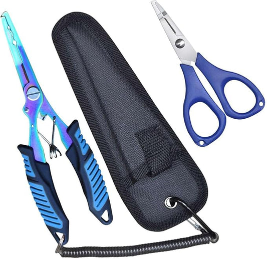 フィッシングニードルノーズプライヤー、ステンレススチール製フィッシュプライヤーとハサミセット（シースランヤード付き）、フックリムーバースプリットリングツール、Aboda 釣り具 淡水・海水釣り用ツールキット