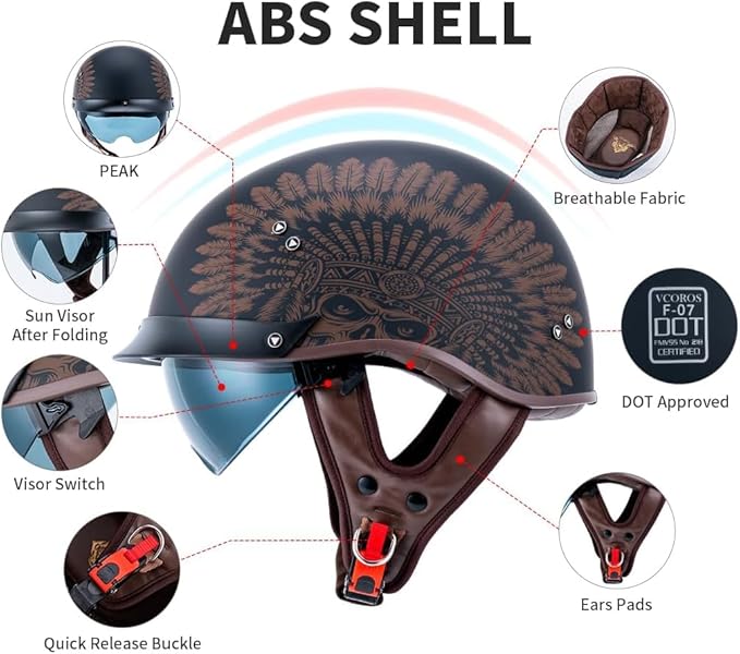 VCOROS Half Helmet Motorcycle DOT Approved Open Face Helmet with Sun Visor and Quick Release Buckle for Adults Men and Women (F07-Indian, L)