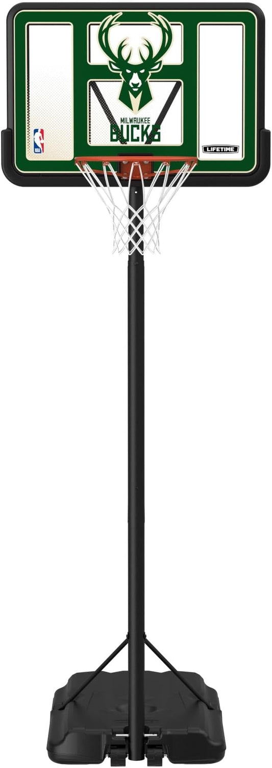 Lifetime NBA Milwaukee Bucks Portable Basketball Hoop, Adjustable Height 7.5-10 Ft, 44 Inch Shatterproof Fusion Backboard, Base with Wheels