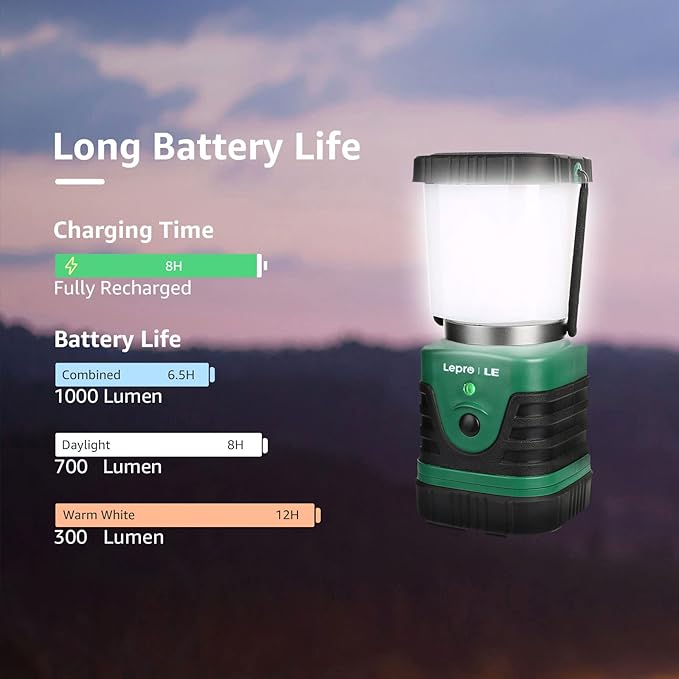 Lighting EVER 1000ルーメン LEDキャンプランタン充電式、4400mAhパワーバンク、キャンプ必需品、4つのライトモード、IP44防水ランタン懐中電灯、ハリケーン緊急時、ハイキング、USBケーブル付属