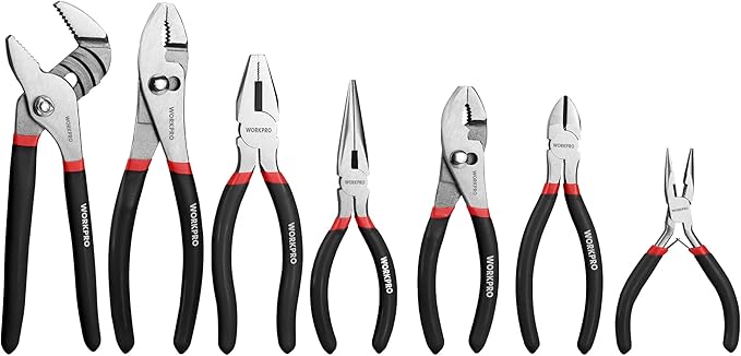 WORKPRO 7点プライヤーセット (グルーブジョイント、ロングノーズ、スリップジョイント、ラインズマン、斜めニッパー) DIY&家庭用 ブラック