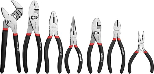 WORKPRO 7-piece Pliers Set with Groove Joint, Long Nose, Slip Joint, Linesman, and Diagonal Pliers for DIY & Home Use, Black