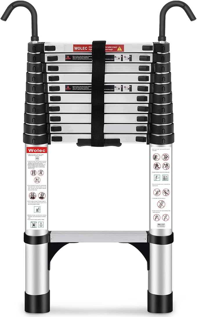 Telescoping Ladder, 10.5FT Aluminum Lightweight Portable Telescopic Ladder with Hook, Stabilizers & Wheels, Heavy Duty 330lbs Max Capacity, Extension Ladder for Roofs, RVs, Outdoor-Sliver