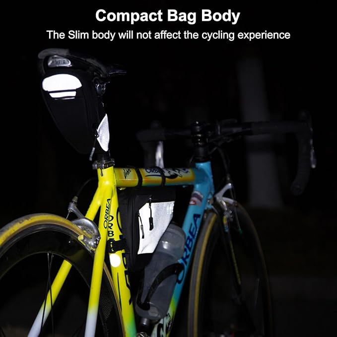 2L Bike Frame Storage Bag with Water Resistant Reflective, Bicycle Storage Pouch with 2 Side Pockets, Strap-On Under Seat Tool Accessories Pouch for Mountain Road Bike, MTB
