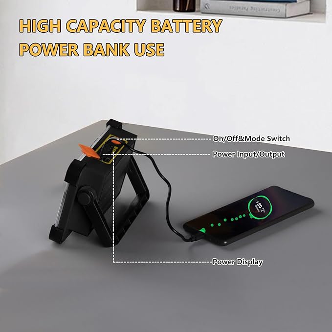 120W ソーラー充電式ワークライト、144LED ポータブル投光器スタンド付き、IP66防水 4モード LED 作業灯、メカニック、キャンプ、釣り、車の修理用懐中電灯（ブラック 1パック）