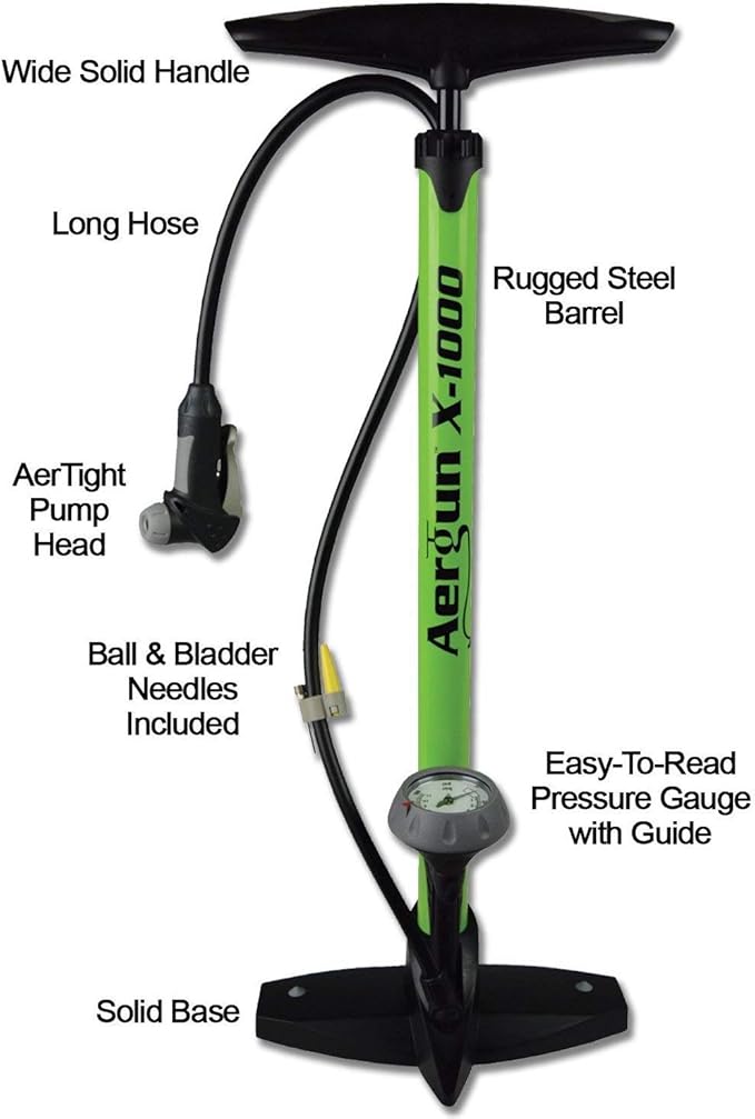 AerGun X-1000 Bike Pump – Unique AerTight Pump Head for Easiest use with Both Presta and Schrader Bicycle Pump Valves – Pressure Gauge – 160 PSI