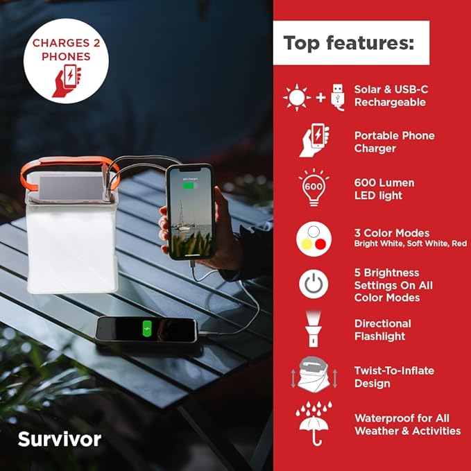LuminAID Survivor Solar Lantern with Dual Phone Charger - Inflatable LED Lamp for Camping, Hiking and Travel - Emergency Light for Power Outages, Hurricane, Survival Kits