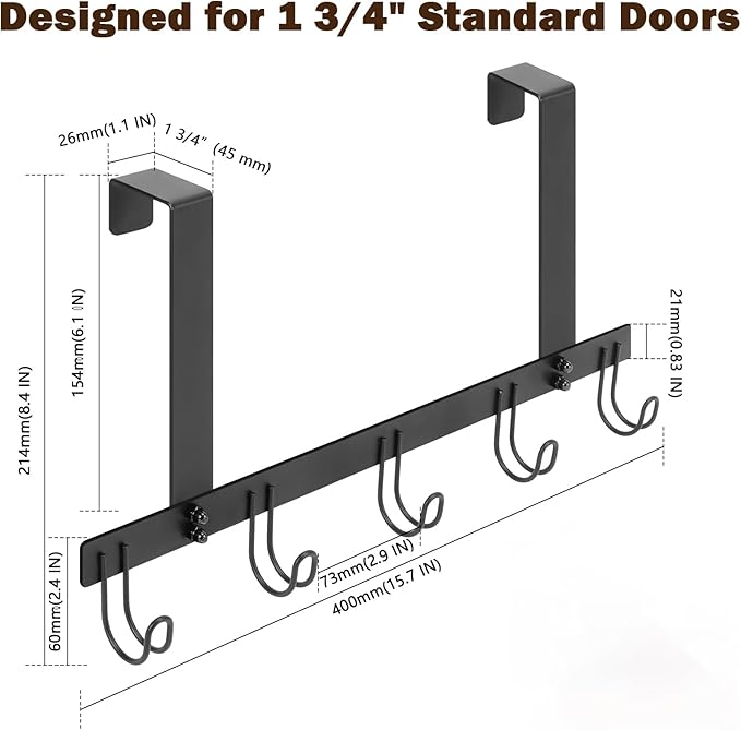 Over The Door Hooks, No Drill Door Towels Hanger, Metal Hanging Towel Holder with 5 Coat Hooks for Bathroom, Bedroom, Kitchen (Matte Black)