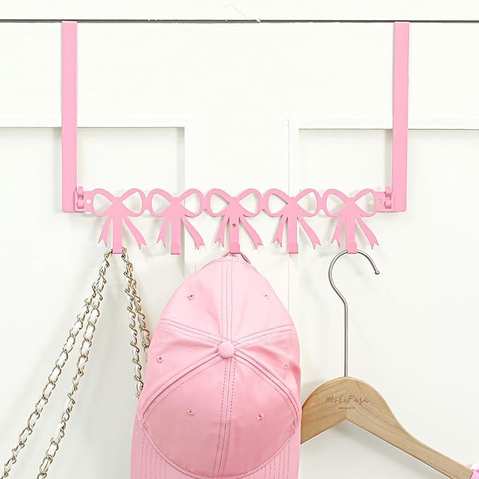 Pink Bow Over The Door Hooks Hanger Wall Mount Towel Hanger Door Holder Organizer 5 Hooks Kawaii Farmhouse Rustic Coquettish Style Decor for Bedroom Bathroom Towel Hat Clothes