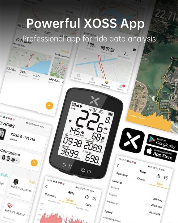 XOSS G Gen2 GPS Bike Computer Wireless, Bluetooth IPX7 Waterproof Cycling Computer, Rechargeable Bicycle Speedometer Odometer with 2.2 inch LCD Screen, 28 hrs Long Battery Life (XOSS APP Support)