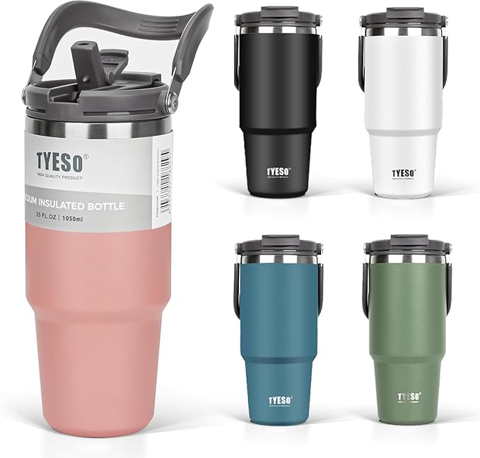 TYESO Tumbler with Handle,Tumbler with Straw, Vacuum Insulated Water Bottle,Double Wall Stainless Steel Coffee Cup Travel Mug Leak Proof Flip (Pink, 40oz)