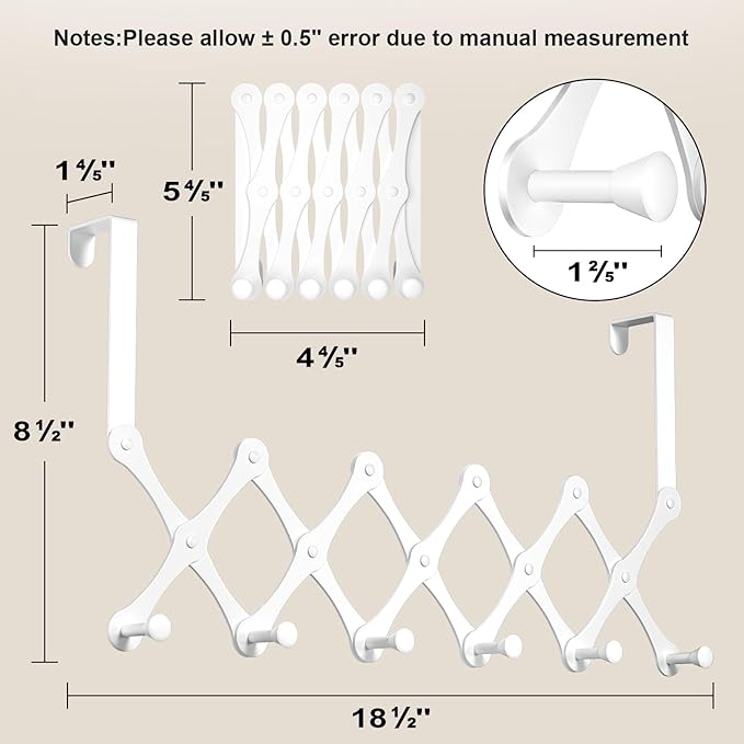 Expands Over The Door Hook Rack, Heavy Duty No Drill Hooks for Bathroom, Bedroom, Kitchen, Closet - Over The Door Hanger for Towels, Robes, Bags, Coats(White)