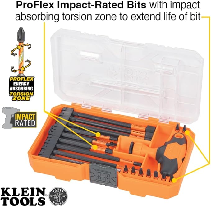 Klein Tools 33804 ProFlex Impact-Rated Interchangeable Ratcheting T-Handle Set, Torsion Zone, Magnetic Bit Holder, SAE, Metric, TORX