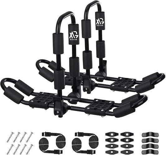 XGeek Kayak Roof Rack 4-in-1 Set of 2 for Kayak, Surfboard, Canoe and Ski Board Rooftop Mount Carrier Folding Adjustable Bilateral J-Style Rack on SUV, Car and Truck