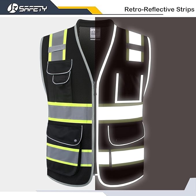 JKSafety 9 Pockets Hi-Vis Black Safety Vest for Men Women High Visibility Reflective Construction Mesh Fabric Cushioned Collar Work Utility PPE Work Gear ANSI/ISEA compliant (101-Black S)
