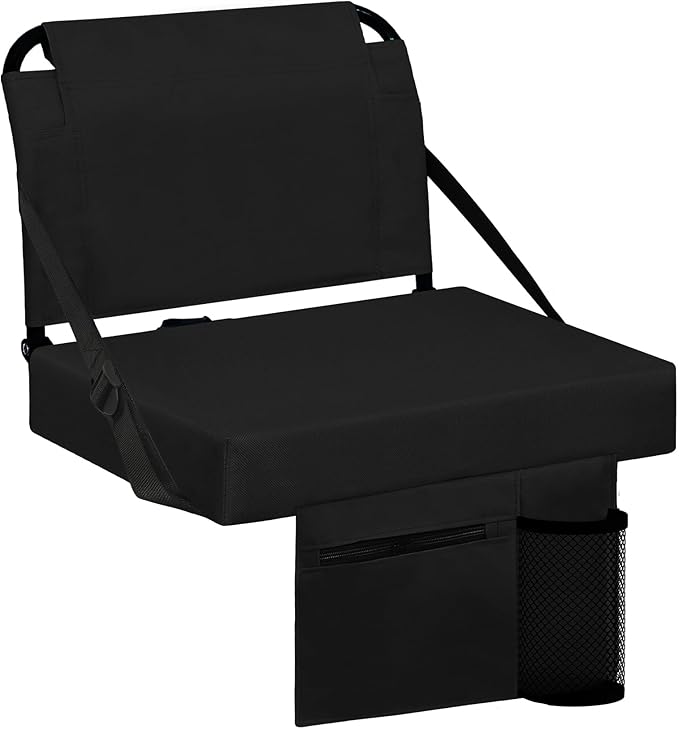 Stadium Seats for Bleachers with Back Support Bleacher Seat Soft Cushion Light Weight Includes Shoulder Strap & Cup Holder, Front & Back Zipper Pocket, Suitable for Sports Events,Black